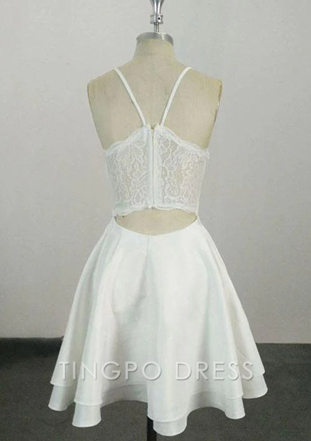 TingPo Wholesale A-line V Neck Sleeveless Satin Short/Mini Homecoming Dress With Lace